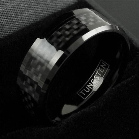 Men's Wedding Band Rings Black Carbon Fiber Inlay Wedding Rings for Men & Women - Picture 6 of 7